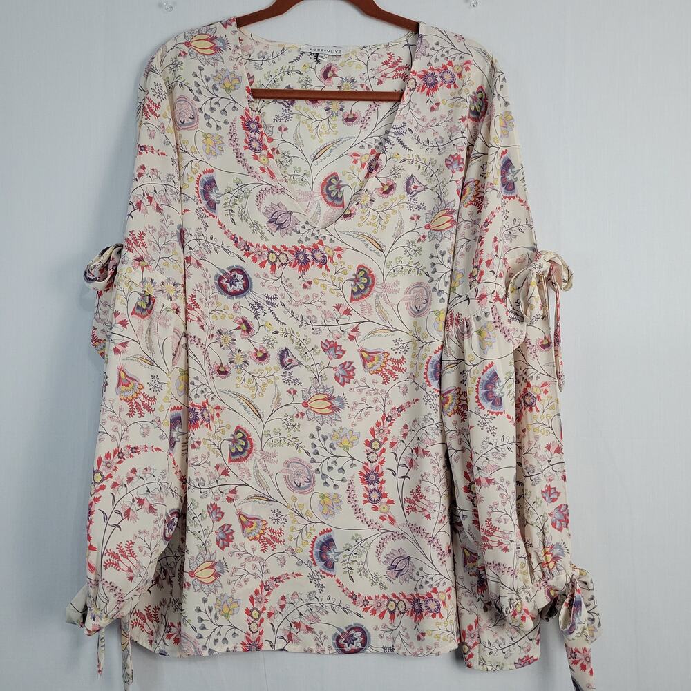 Rose + Olive floral long tie sleeve v-neck top size 3X multicolor boho